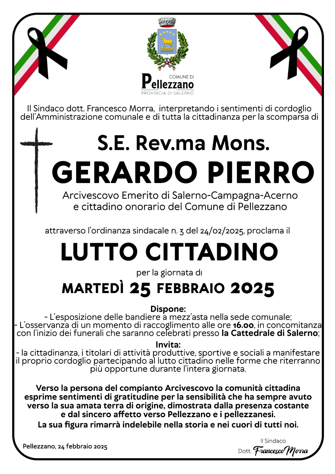 Pellezzano, proclamato Lutto cittadino in occasione dei funerali di Sua Ecc.za Mons. Gerardo Pierro