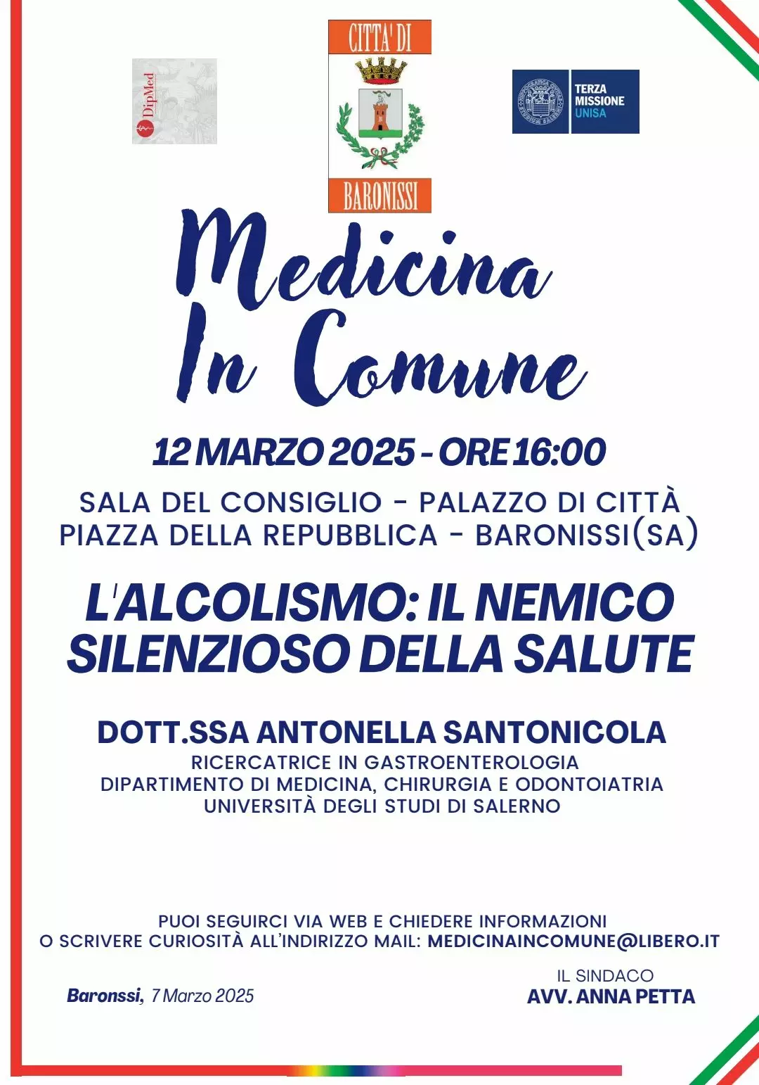 Baronissi dice no all’alcolismo. Secondo incontro di ‘Medicina in Comune’ dedicato ai giovani e alle scuole”