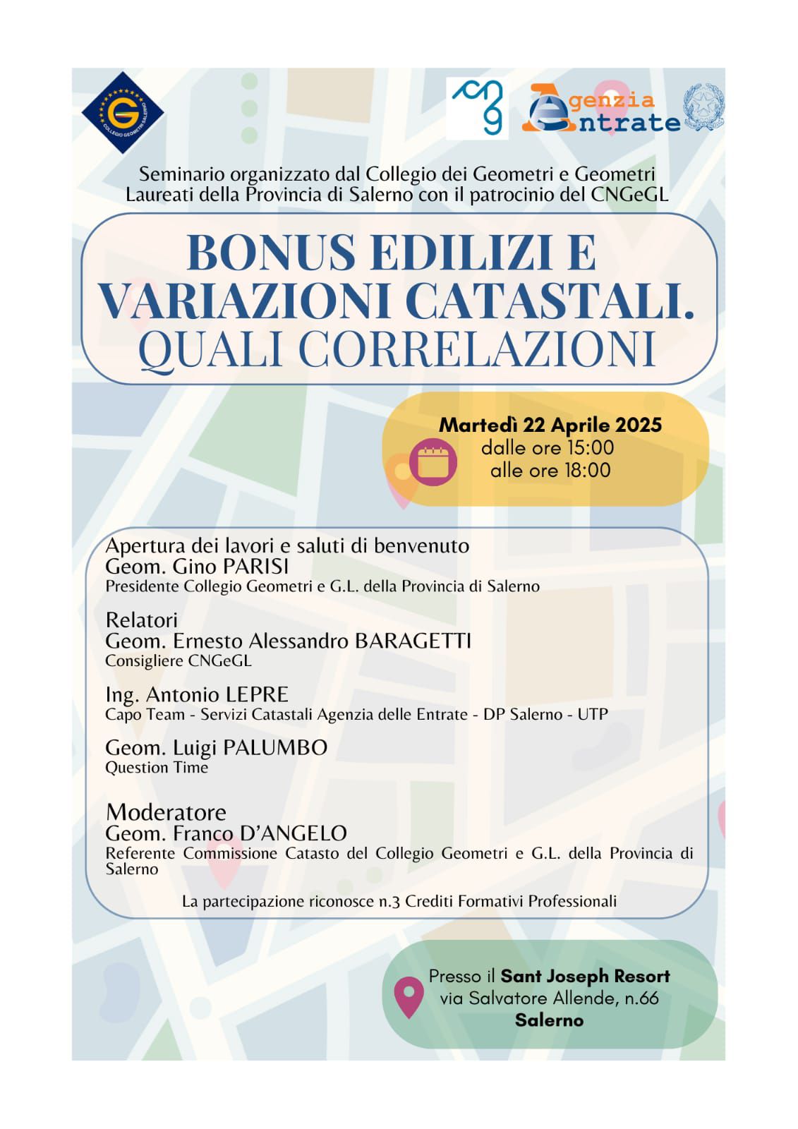“Bonus edilizi e variazioni catastali, quali correlazioni”: questo il titolo del seminario organizzato dal collegio dei geometri di Salerno