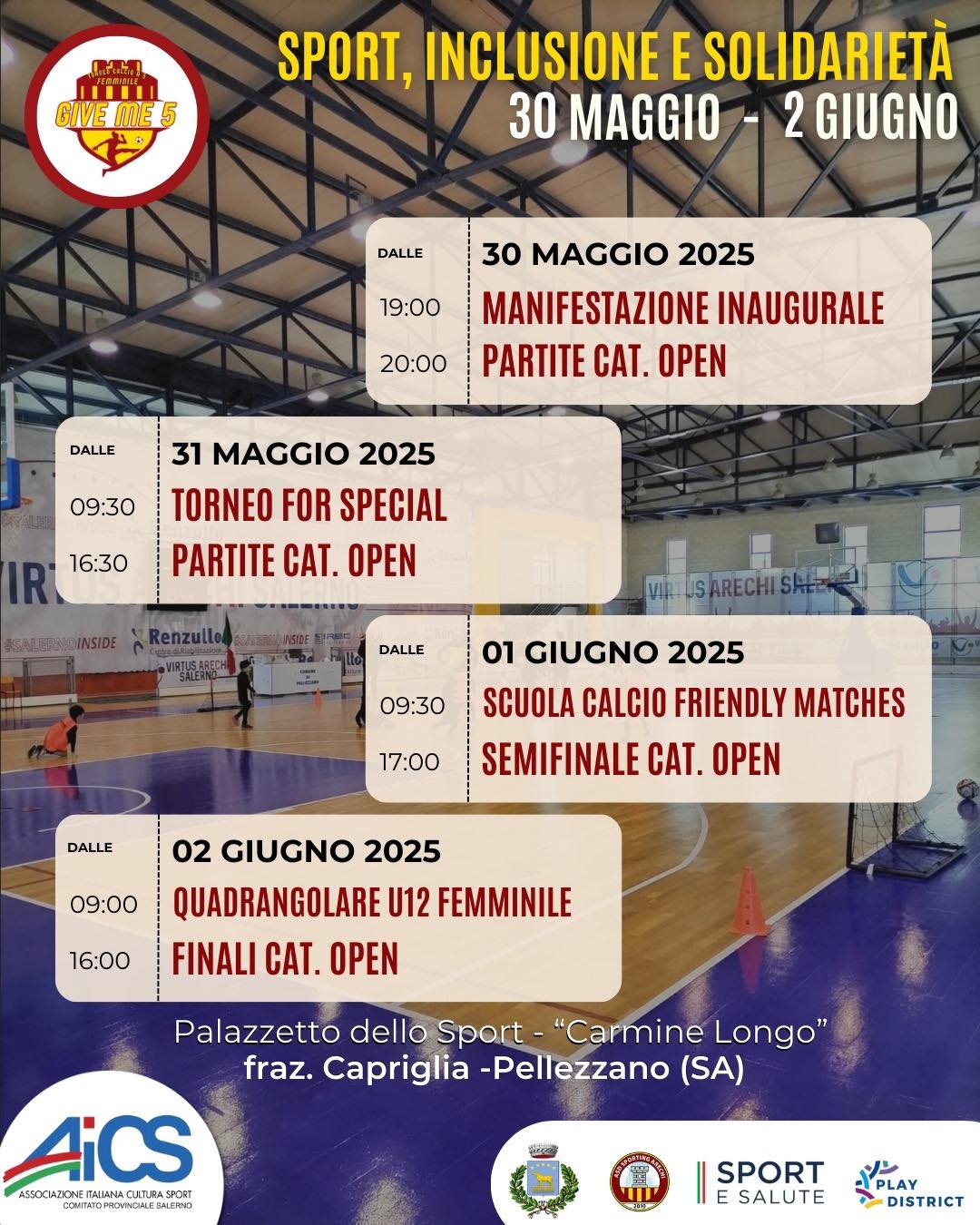 Pellezzano dà il via al Torneo “Give Me Five”: quattro giorni di sport, inclusione e solidarietà Pellezzano dà il via al Torneo “Give Me Five”: quattro giorni di sport, inclusione e solidarietà