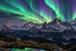 Aurora boreale rossa sopra le rocce del massiccio delle Tofane, fotografata dal Passo Giau sopra Cortina d'Ampezzo il 10 ottobre 2026